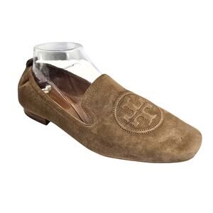Tory Burch Leigh Tan Suede Loafer Elastic Flexible Back Square Toe  Flat Size 9
